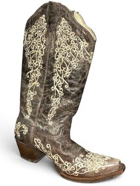 Corral western cowboy boots embroidered floral taupe/creme size 9
